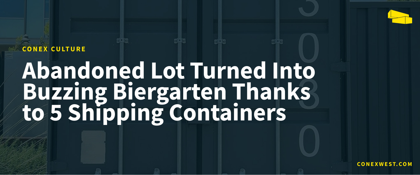 Wide shot of Biergarten outdoor beer garden made from shipping containers in Hayes Valley