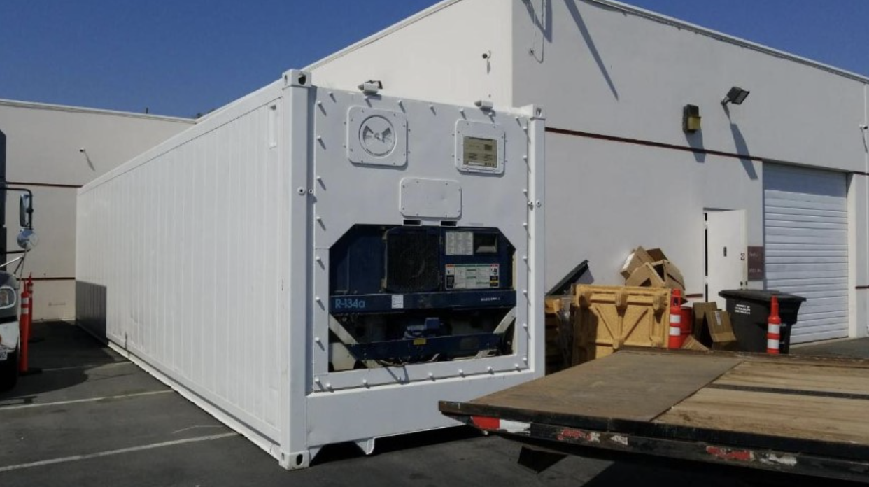 A 40-ft dual voltage refrigerated shipping container painted white.