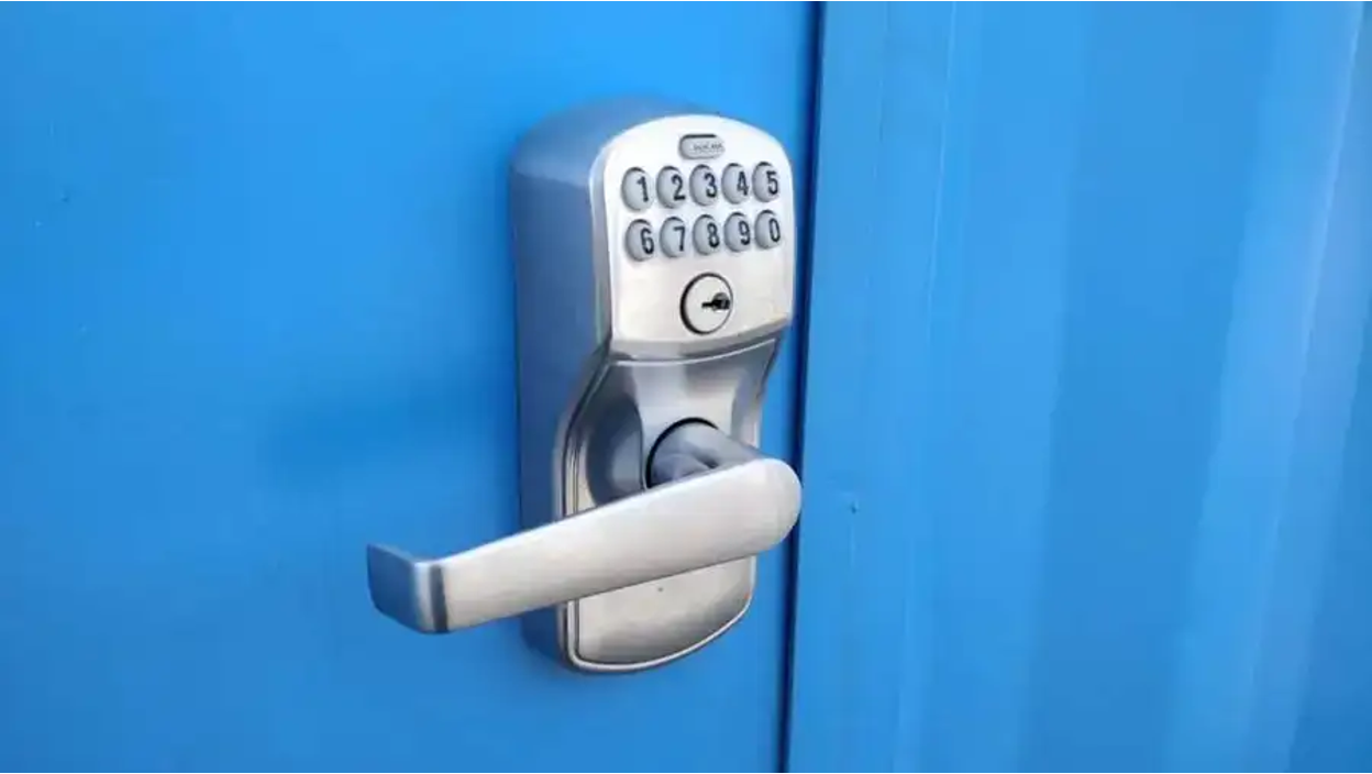 Keypad lock on a shipping container office door for secure access control