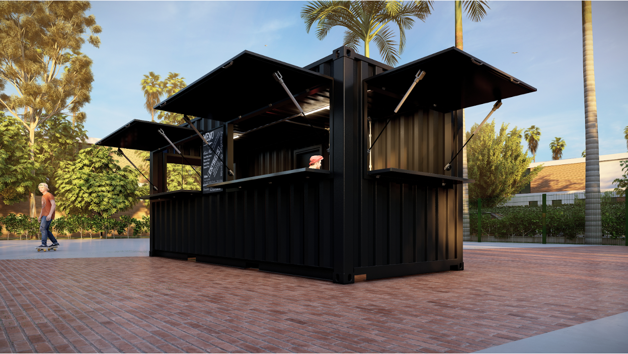 A container with awning. 