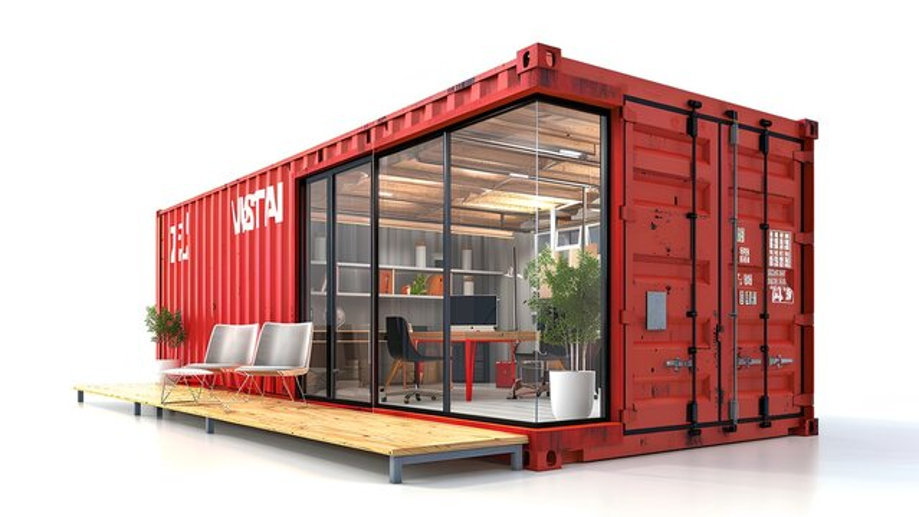 Shipping container office exterior with windows and finished entry.