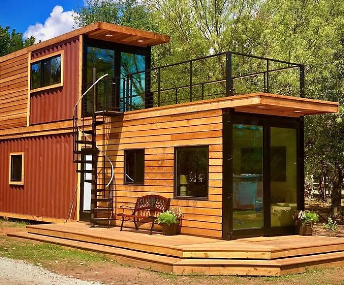 A two-story shipping container home. 