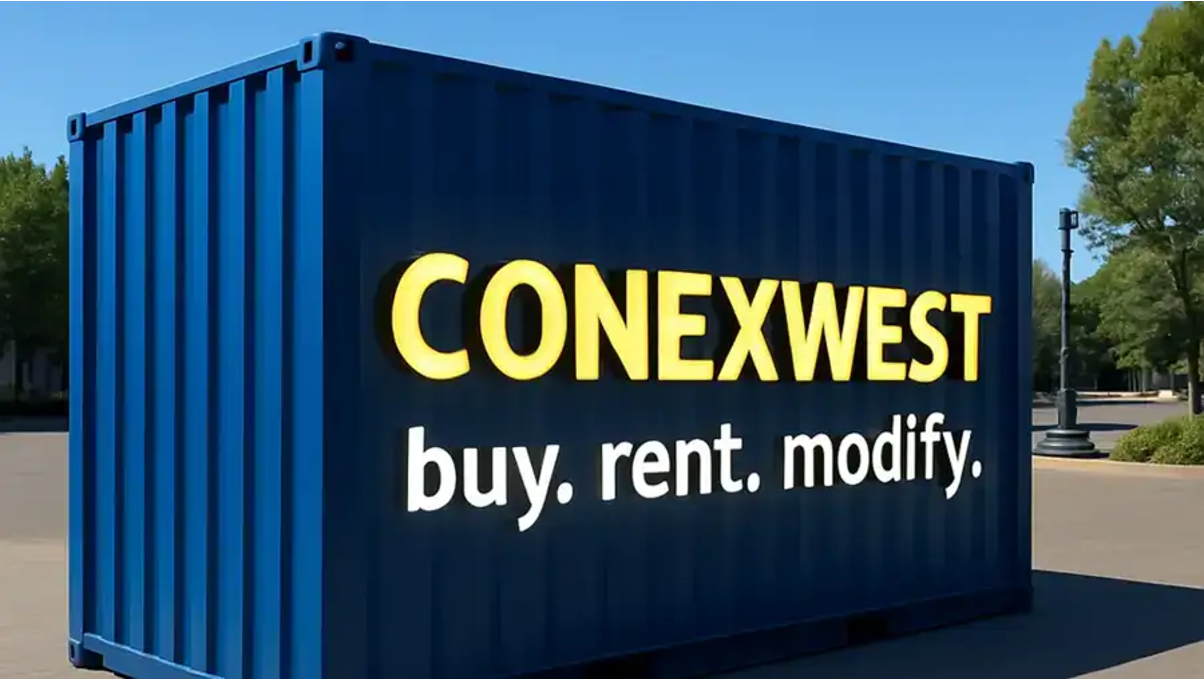 Branded Conexwest shipping container. 