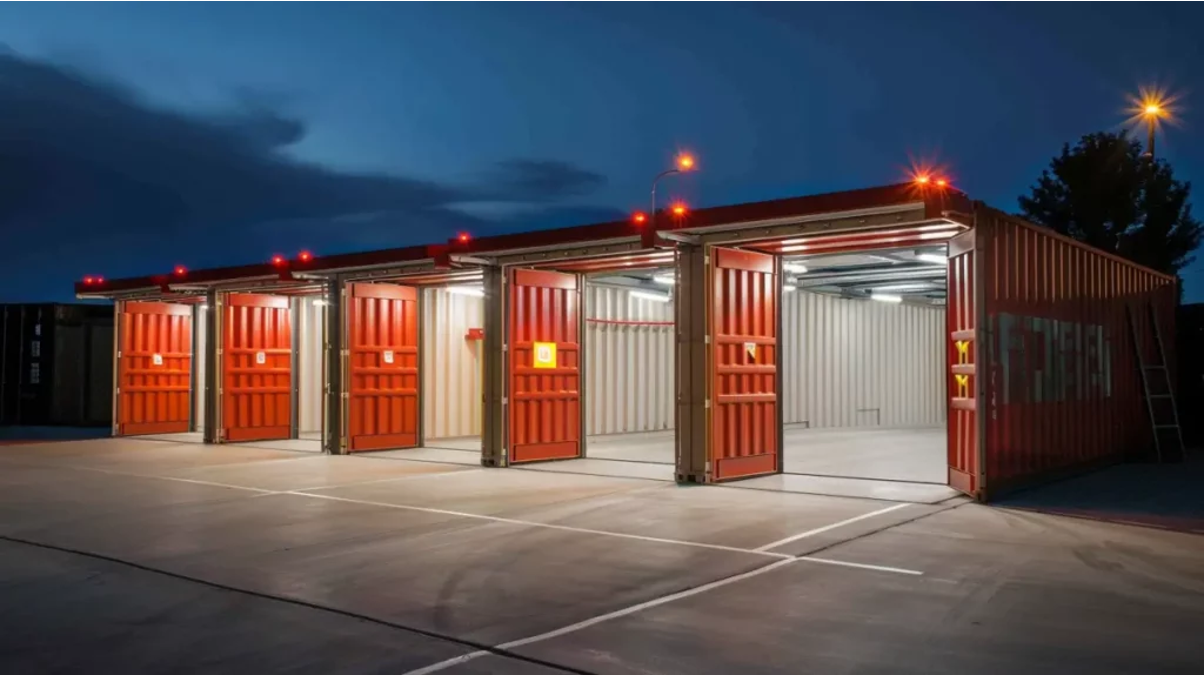 Image of a shipping container garage. 