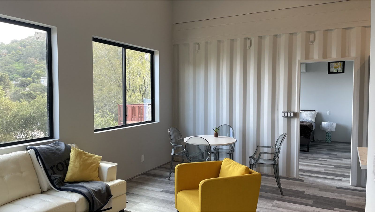 Interior of a shipping container home. 