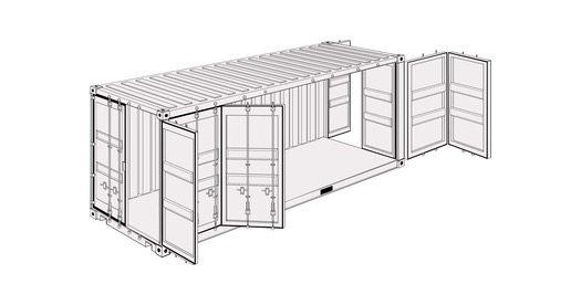 Technical illustration of a 20-ft shipping container with both end doors and full-length side doors open.
