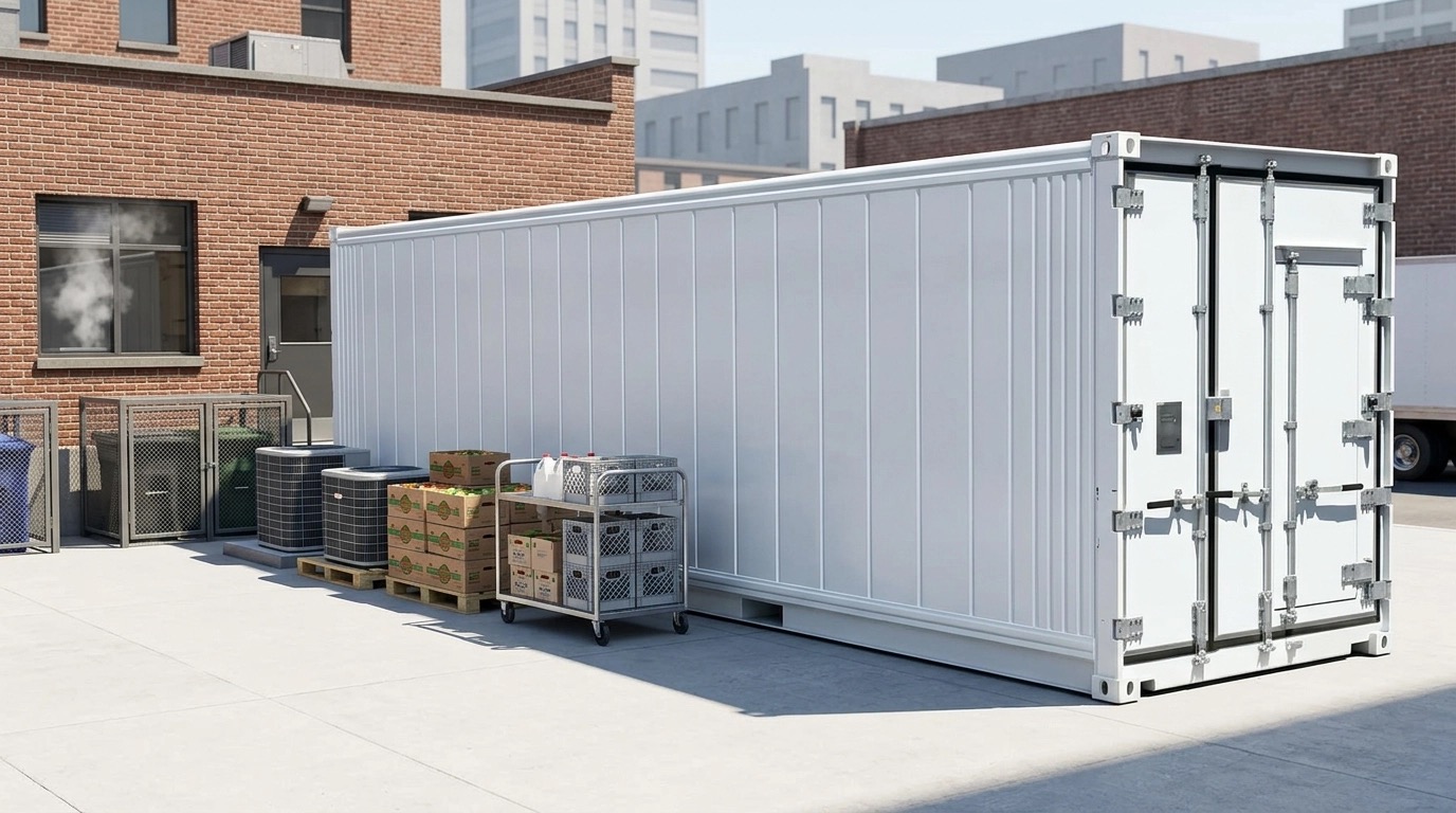 40ft reefer shipping container behind a restaurant