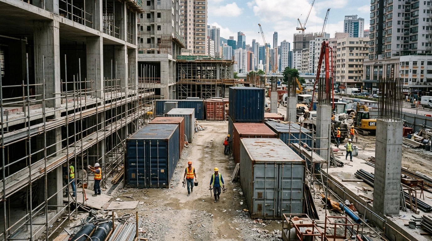 Construction site with several 20ft and 40ft shipping containers