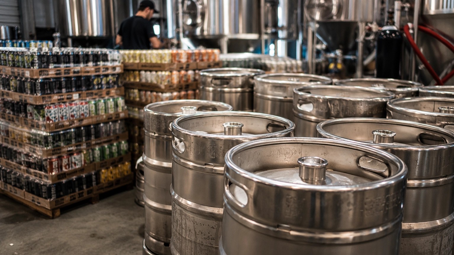 Metal beer kegs in cold storage