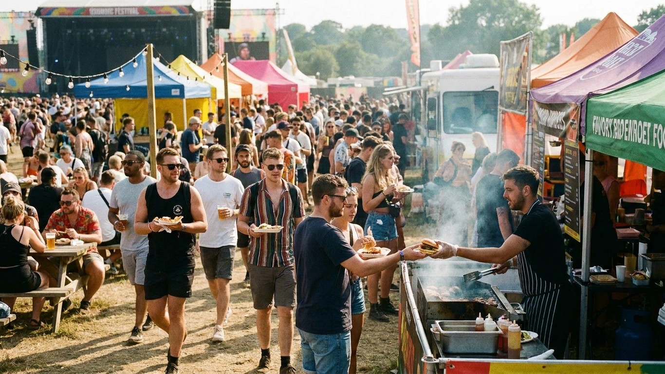 Music festival with outdoor stage and crowd