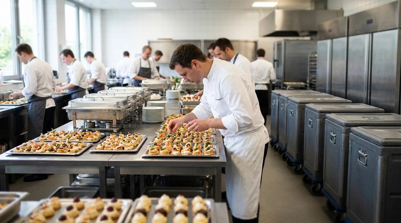 Kitchen staff preparing event snacks