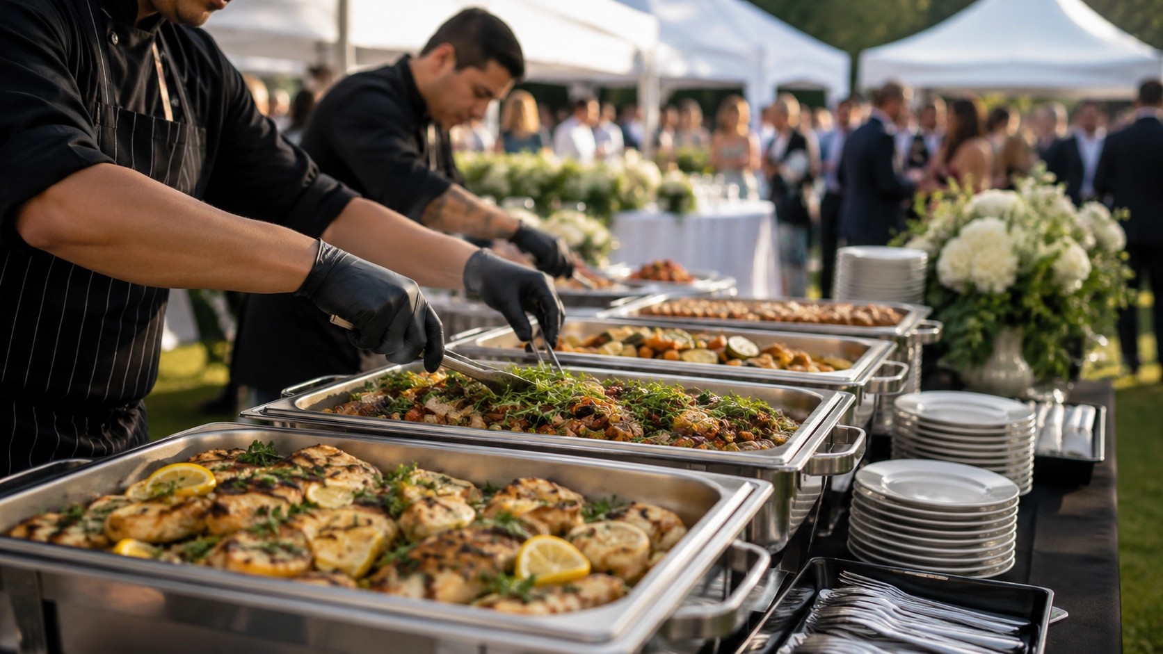 Catering team preparing food at an outdoor event