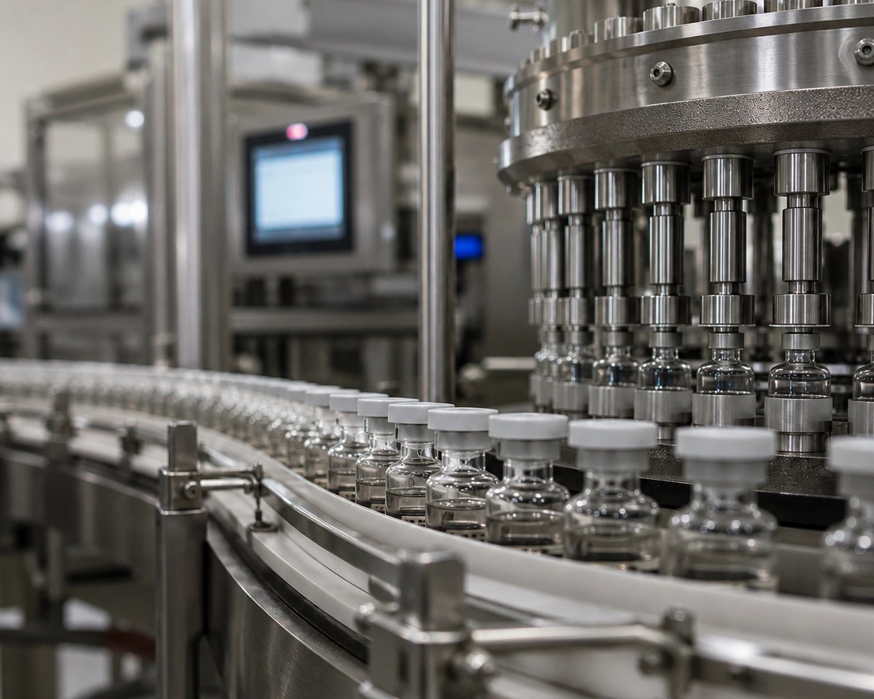 Pharmaceutical conveyor with test tubes in cold-chain facility