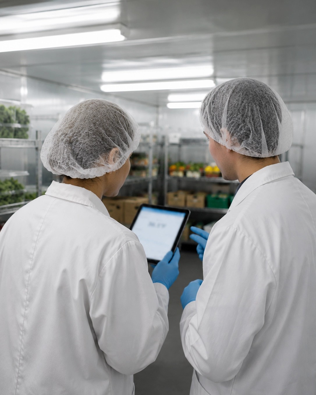 Food safety staff reviewing compliance inside a refrigerated container
