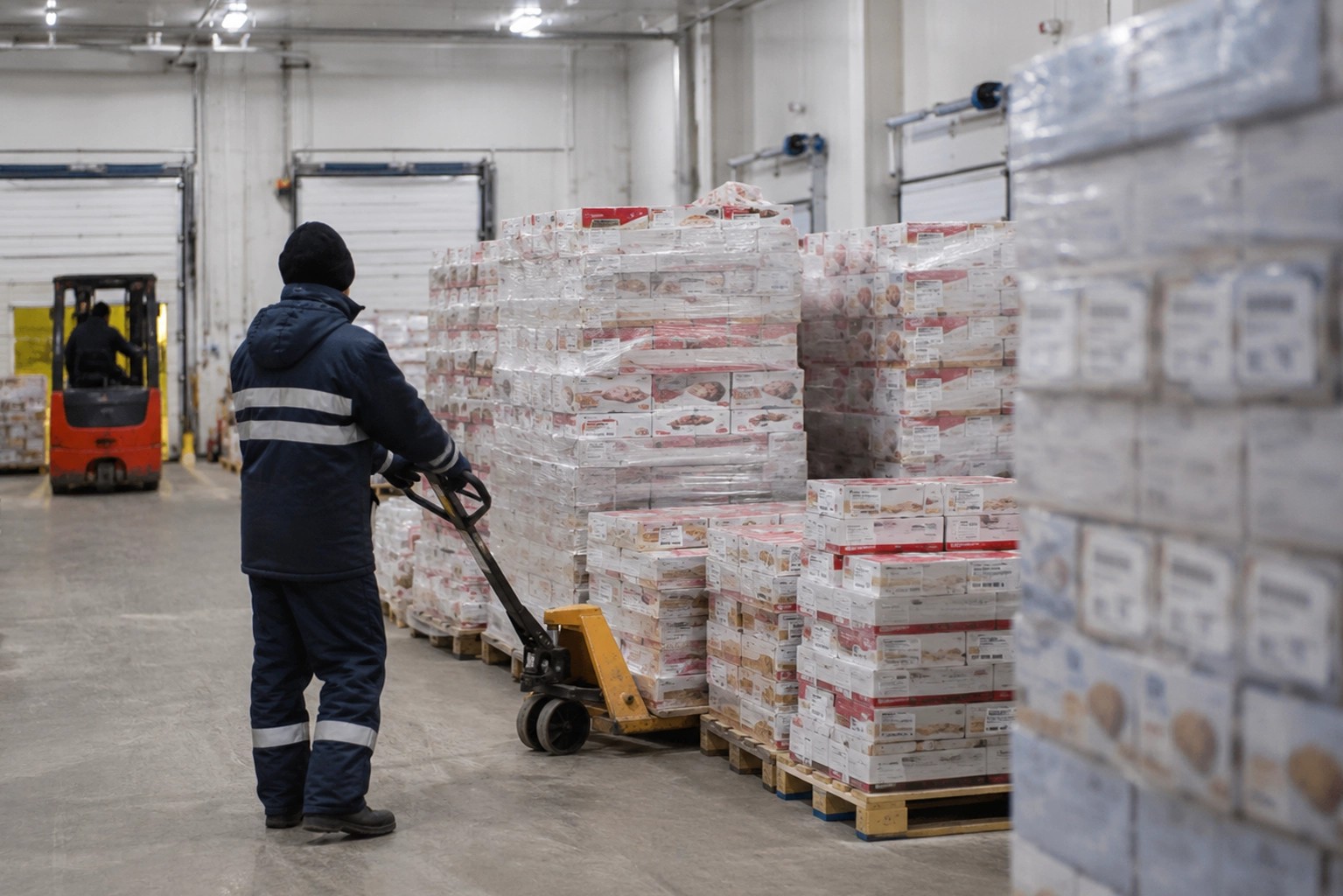 Warehouse worker moving pallets in a distribution center