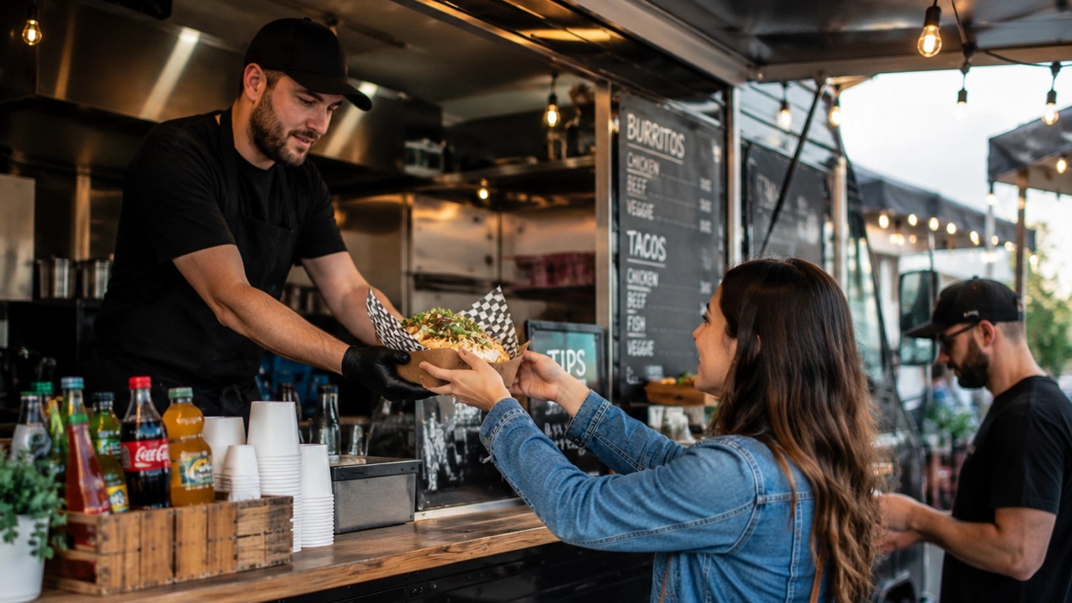 Food truck vendor serving customers