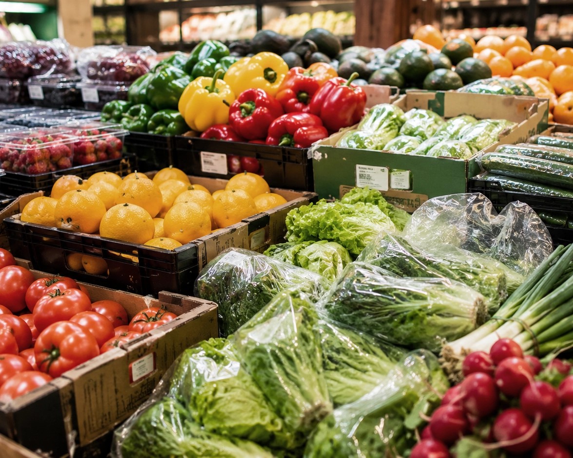 Fresh fruits and vegetables on display at a market