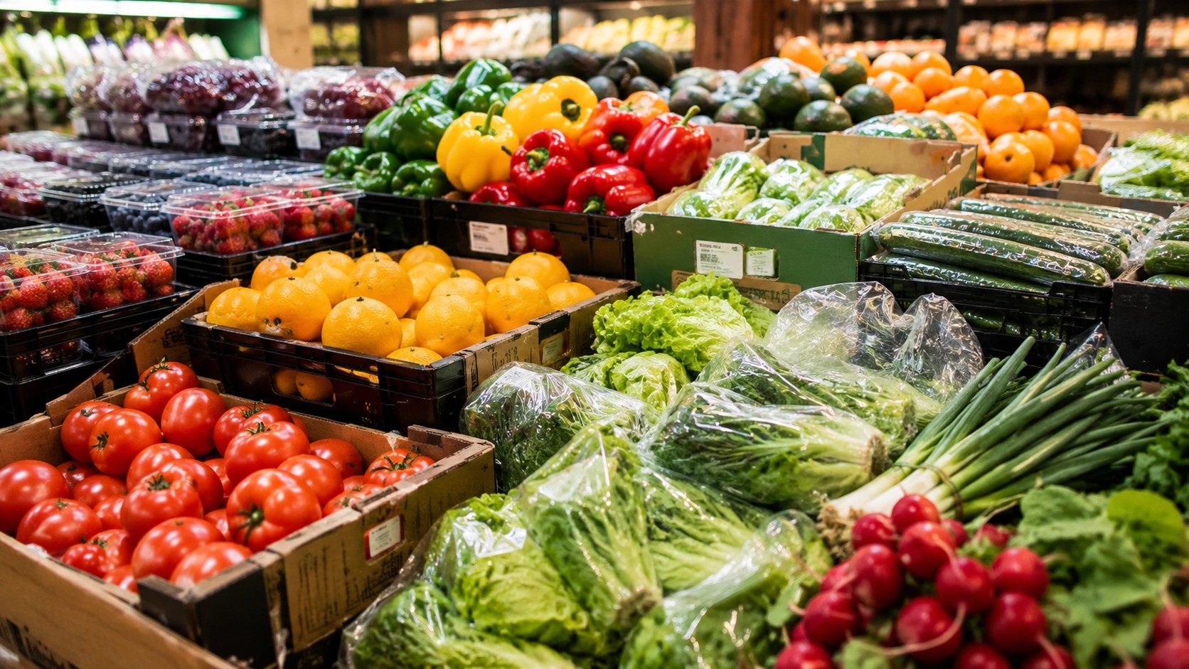 Grocery store produce section with fresh vegetables