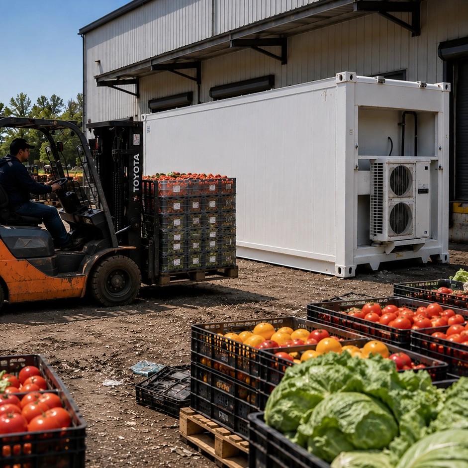 Pallet jack in front of a refrigerated container at a farm pack-house