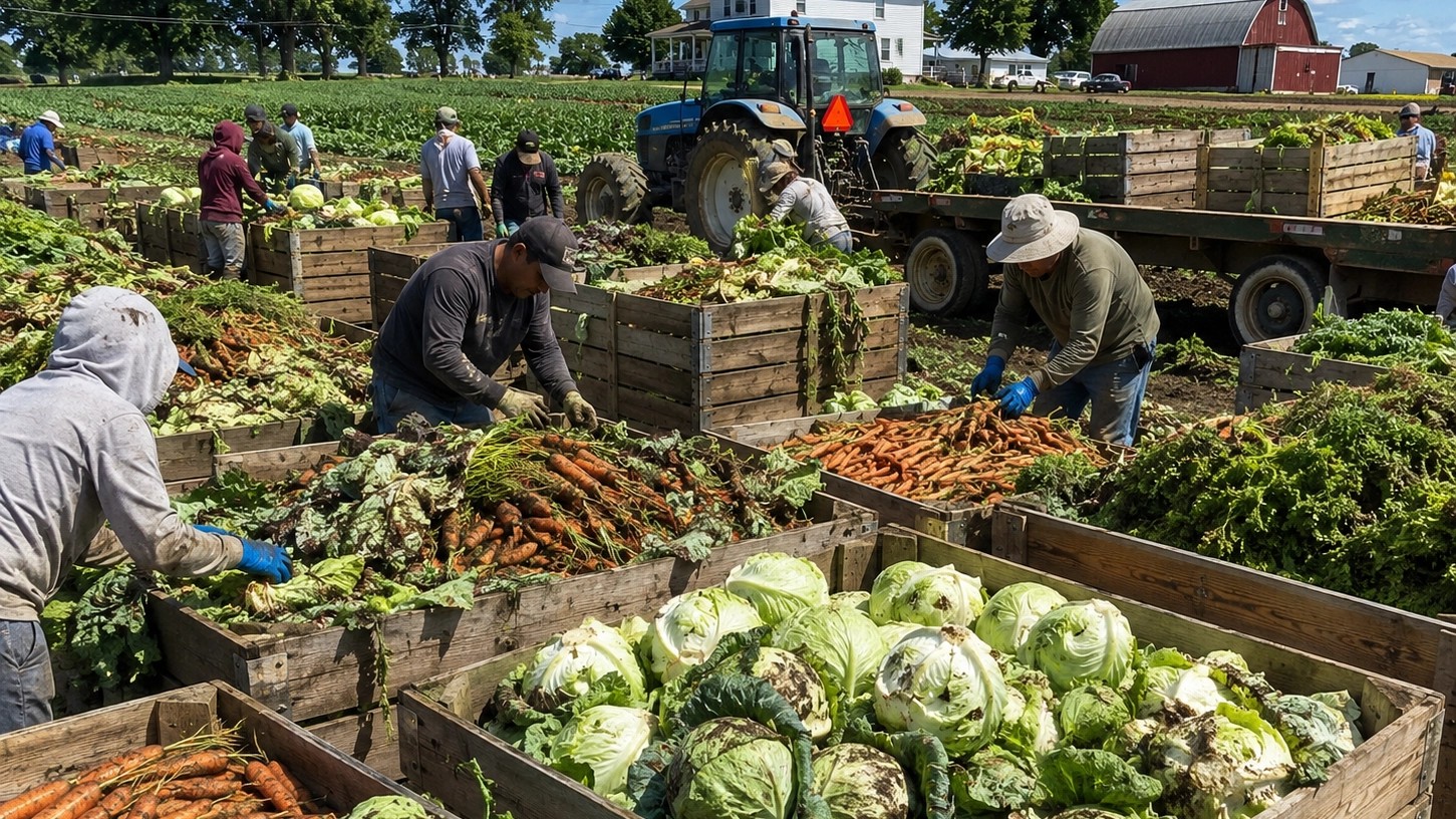 Workers harvesting produce in a field