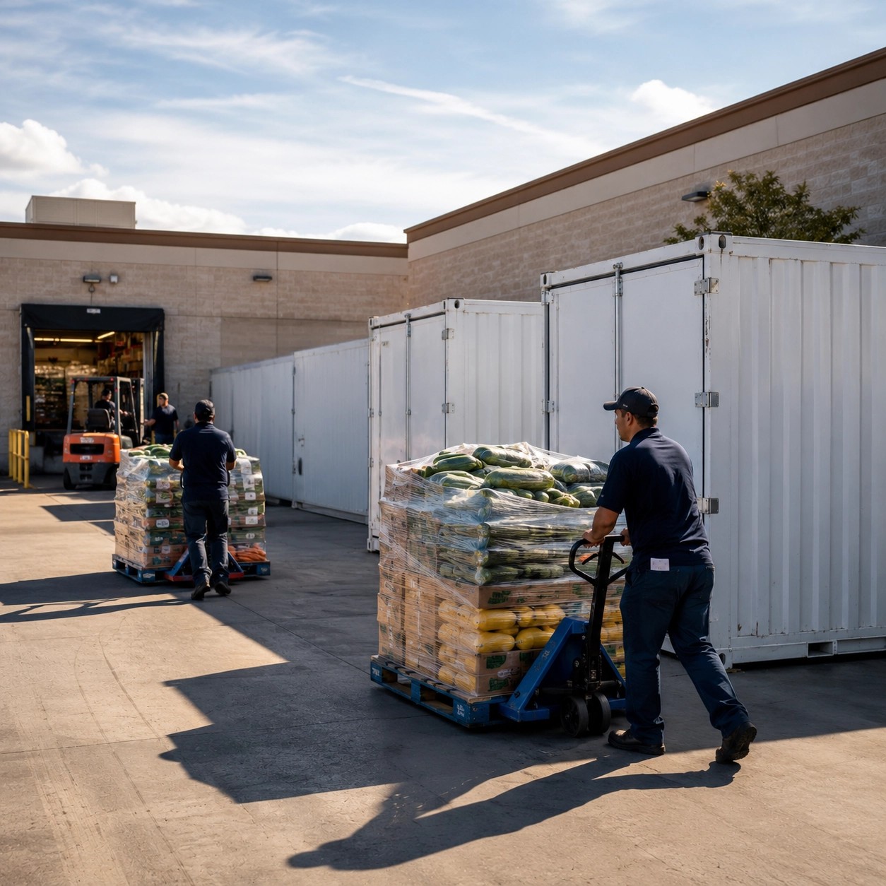 Refrigerated containers parked outside a grocery store