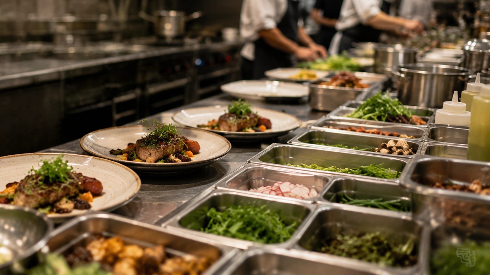 Restaurant kitchen with plated meals