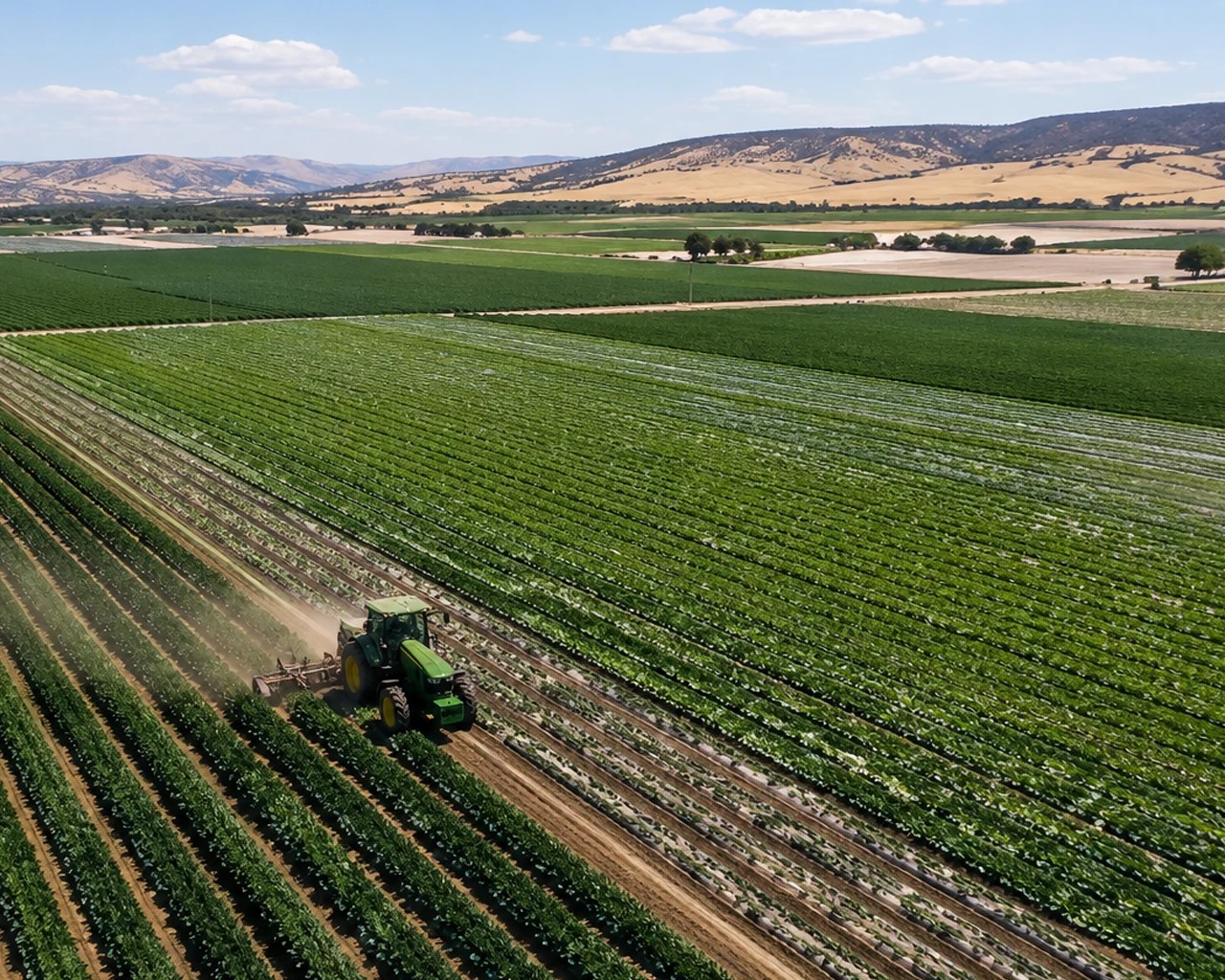 Tractor driving across an agricultural field at harvest time