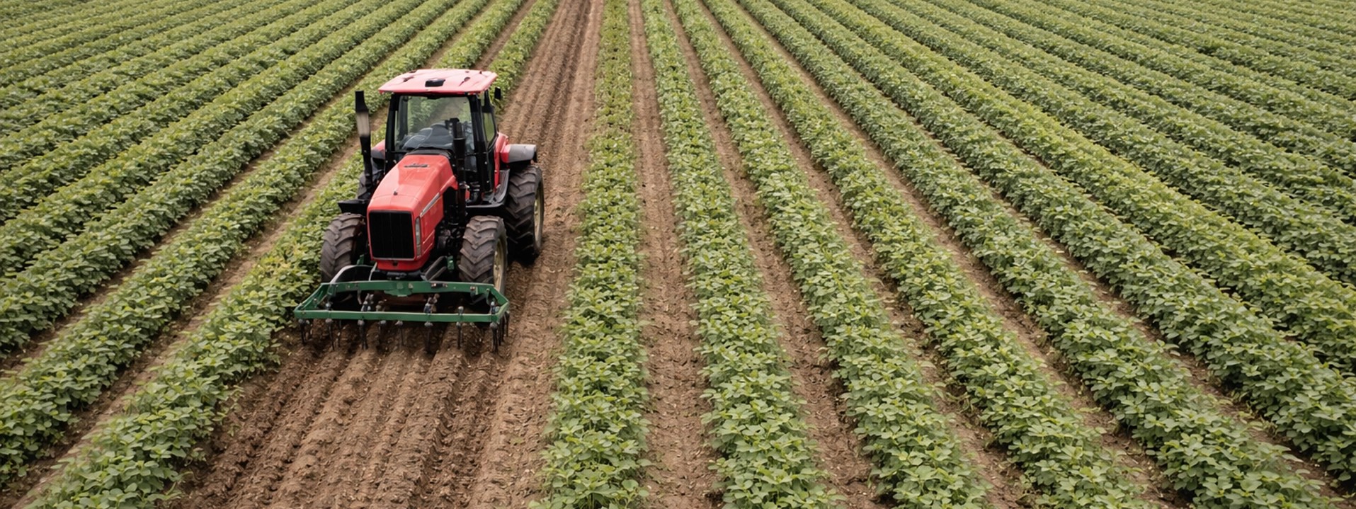Tractor plowing an agricultural field at harvest time