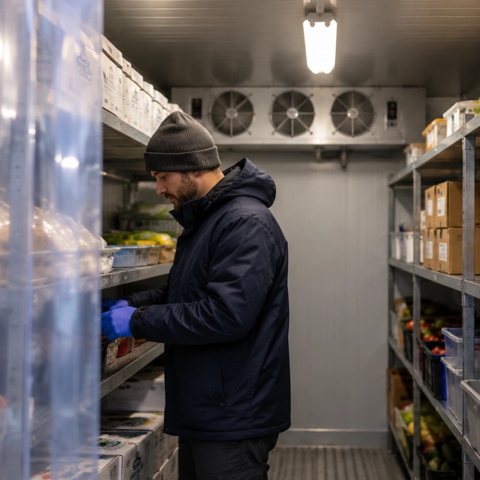 Worker organizing inventory inside a refrigerated container