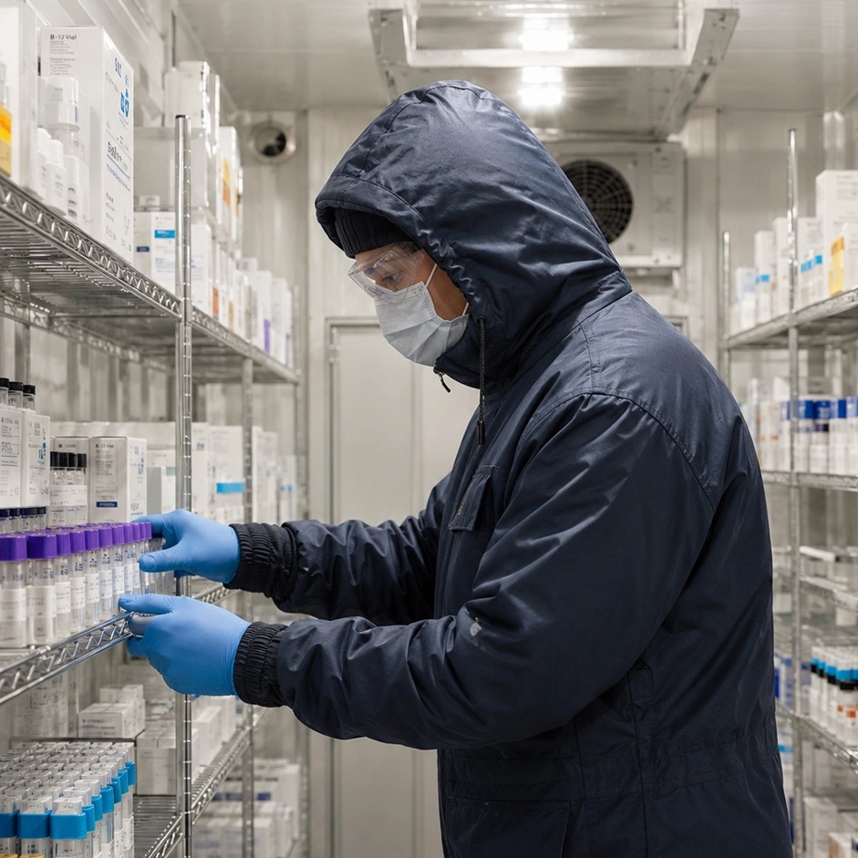 Worker inside a refrigerated pharmaceutical storage container