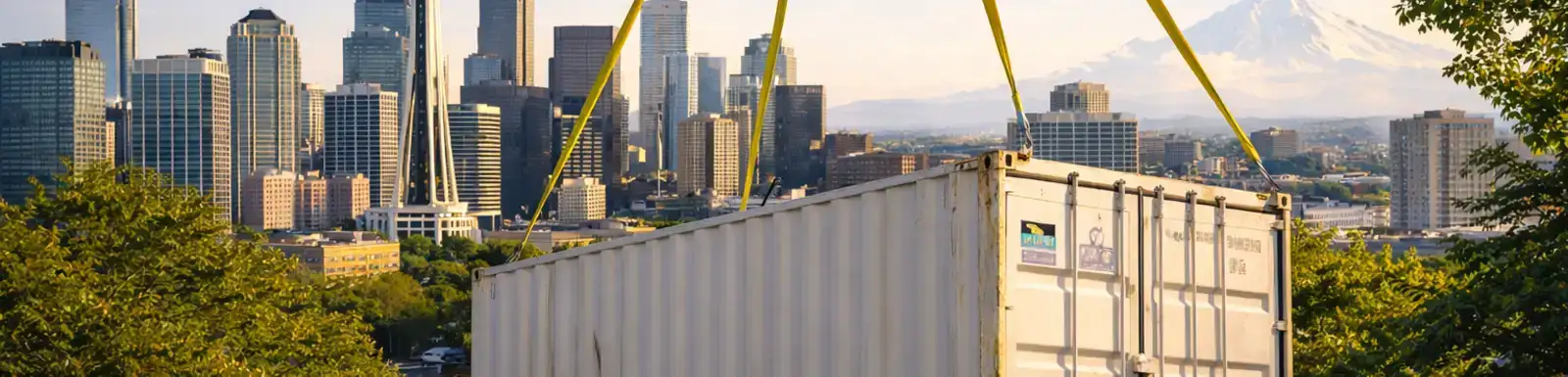 An AI generated photo of Shipping container delivery with landscape of Seattle 