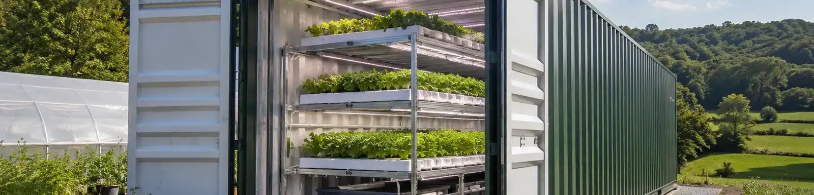 an open shipping container with hydroponic farm 