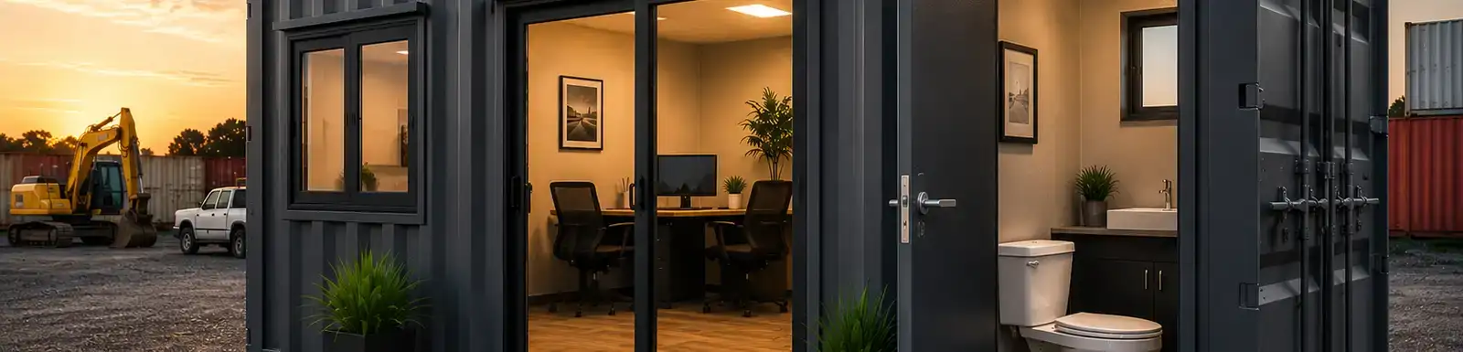 Shipping container office with built-in bathroom, glass doors, finished workspace, restroom access, and construction equipment in the background at sunset.