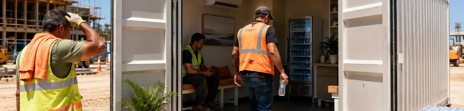 Construction workers using a modified shipping container cooling station with air conditioning, cold water, and shaded break space during hot weather on a jobsite.