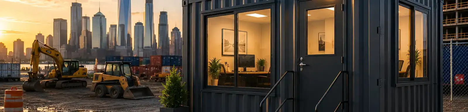 Office container rental at a New York City construction site with finished workspace, stairs, equipment, and skyline in the background at sunset.