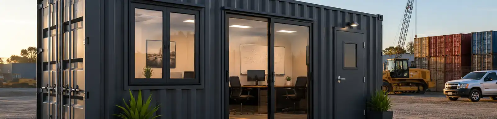  Modern shipping container office with large windows, glass doors, finished interior workspace, and construction equipment in an industrial yard at sunset.