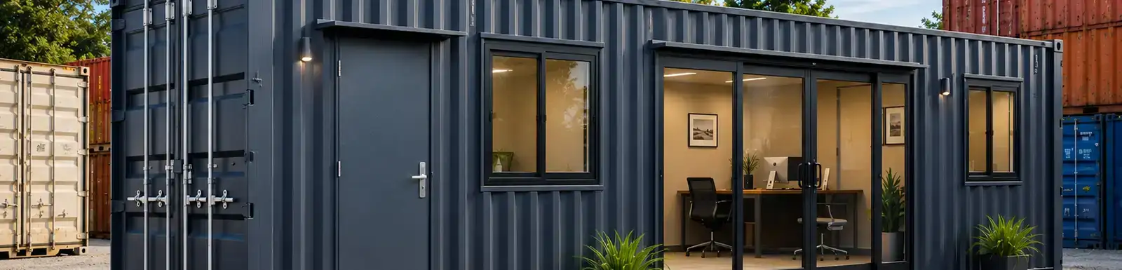  Modern40ft shipping container office with large windows, glass doors, finished interior workspace, and stacked containers in the background.