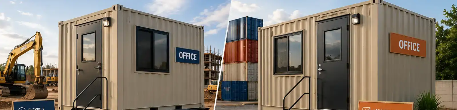 Side-by-side comparison of renting versus buying office containers, showing temporary trailer-style office units and permanent office containers at a construction site.