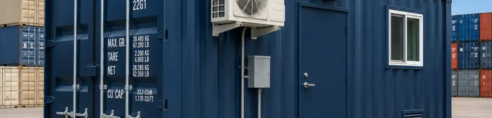 A 20-ft shipping container office with an air conditioner