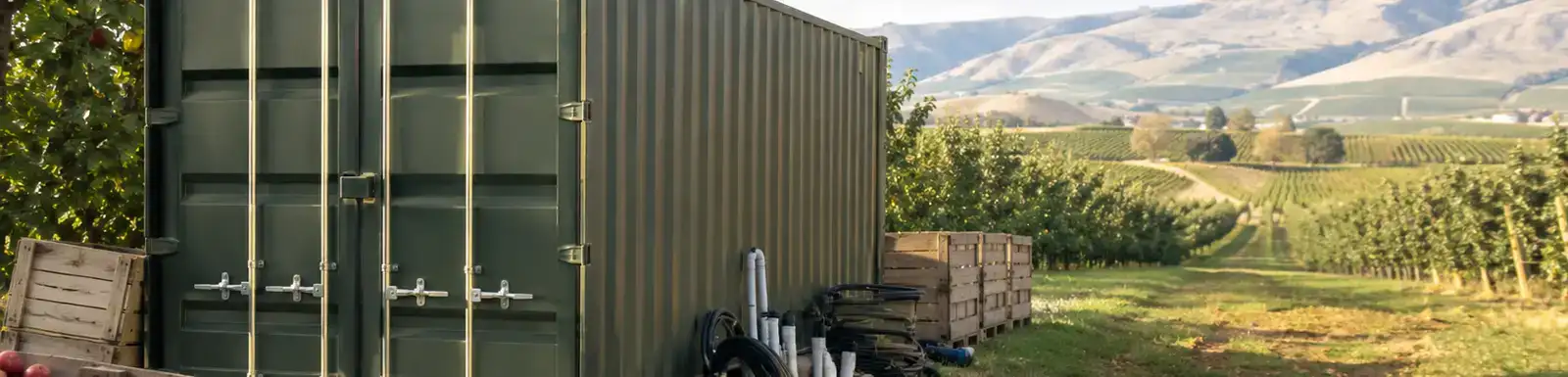 Shipping container used for farm storage at a Washington orchard with fruit crates, farm equipment, and rows of trees in the background.