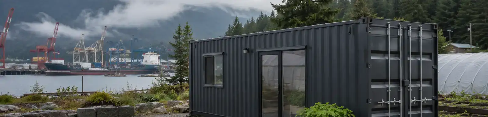 Shipping container workspace on a rainy Washington waterfront with port cranes, forested mountains, and construction materials nearby.