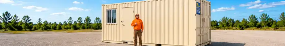 rent storage container man next to 20ft beige storage container from Conexwest